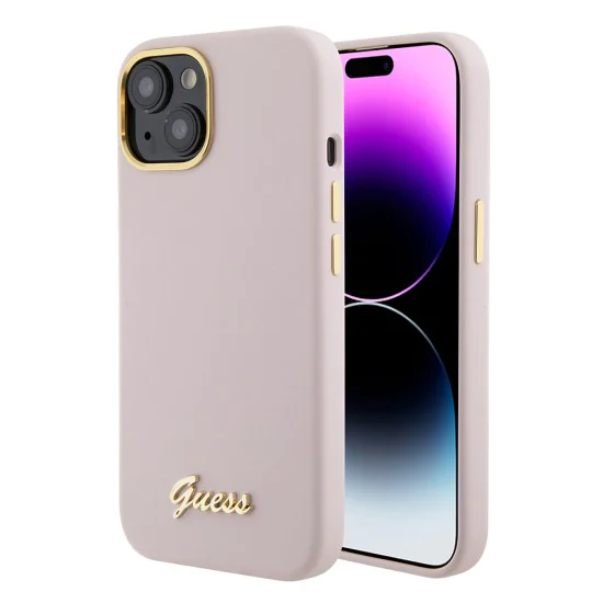 Калъф за iPhone 15 - Guess Silicone Script Metal Metal Logo & Frame (GUHCP15SSMBSLP) - светло розов