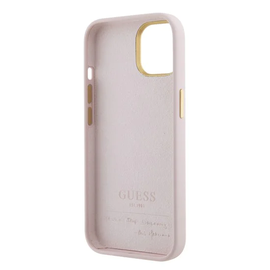 Калъф за iPhone 15 - Guess Silicone Script Metal Metal Logo & Frame (GUHCP15SSMBSLP) - светло розов