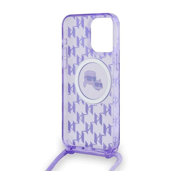 Калъф за iPhone 15 Pro Max - Karl Lagerfeld IML Crossbody MagSafe (KLHMP15XHCKCKCKLCU) - лилав монограм Karl&Choupette Head