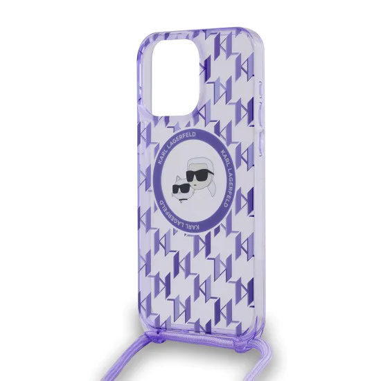 Калъф за iPhone 15 Pro Max - Karl Lagerfeld IML Crossbody MagSafe (KLHMP15XHCKCKCKLCU) - лилав монограм Karl&Choupette Head