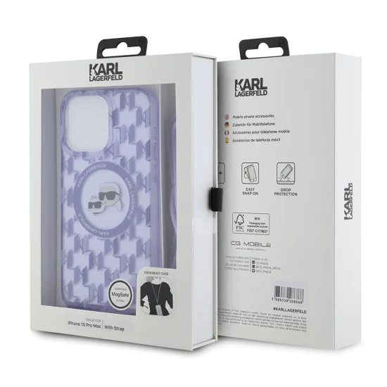 Калъф за iPhone 15 Pro Max - Karl Lagerfeld IML Crossbody MagSafe (KLHMP15XHCKCKCKLCU) - лилав монограм Karl&Choupette Head