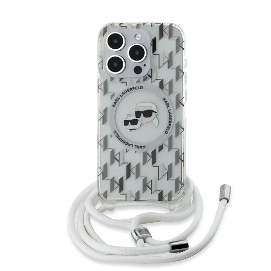 Калъф за iPhone 15 Pro Max - Karl Lagerfeld IML Crossbody MagSafe (KLHMP15XHCKCKCKLCT) - Прозрачен монограм Karl&Choupette Head