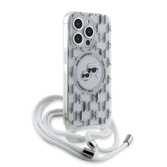 Калъф за iPhone 15 Pro Max - Karl Lagerfeld IML Crossbody MagSafe (KLHMP15XHCKCKCKLCT) - Прозрачен монограм Karl&Choupette Head