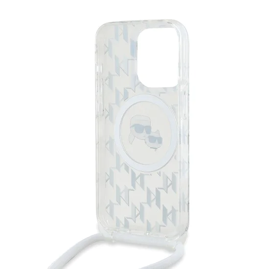 Калъф за iPhone 15 Pro Max - Karl Lagerfeld IML Crossbody MagSafe (KLHMP15XHCKCKCKLCT) - Прозрачен монограм Karl&Choupette Head
