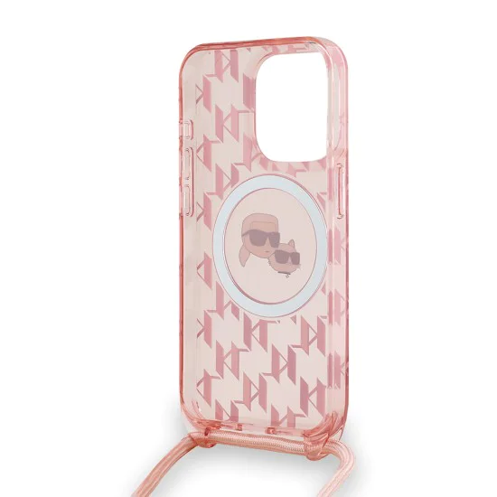 Калъф за iPhone 15 Pro Max - Karl Lagerfeld IML Crossbody MagSafe (KLHMP15XHCKCKCKLCP) - розов монограм Karl&Choupette Head