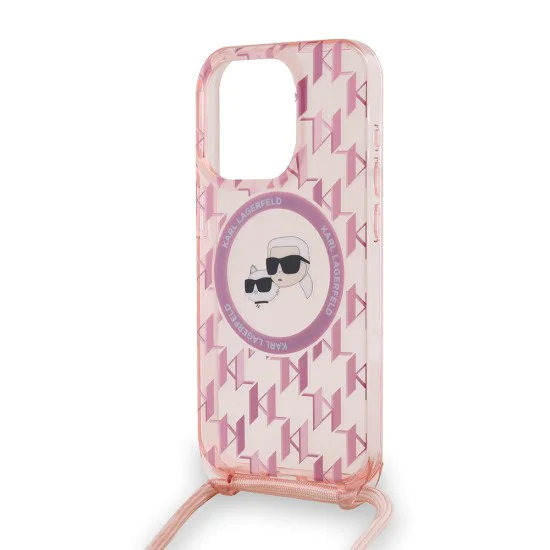 Калъф за iPhone 15 Pro Max - Karl Lagerfeld IML Crossbody MagSafe (KLHMP15XHCKCKCKLCP) - розов монограм Karl&Choupette Head