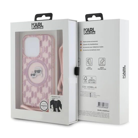Калъф за iPhone 15 Pro Max - Karl Lagerfeld IML Crossbody MagSafe (KLHMP15XHCKCKCKLCP) - розов монограм Karl&Choupette Head