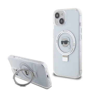 Калъф за iPhone 15 - Karl Lagerfeld Hardcase Ring Stand MagSafe (KLHMP15SHMRSKHH) - White Karl Head