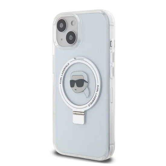 Калъф за iPhone 15 - Karl Lagerfeld Hardcase Ring Stand MagSafe (KLHMP15SHMRSKHH) - White Karl Head