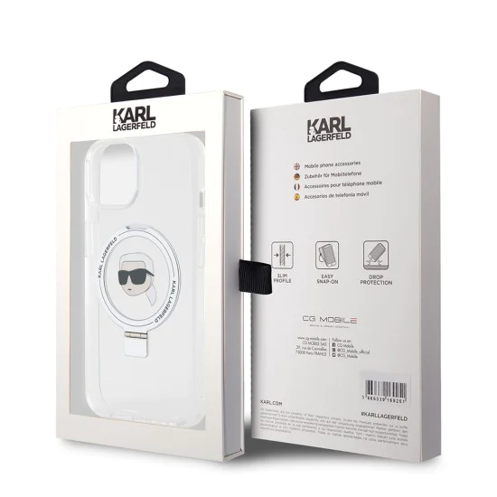 Калъф за iPhone 15 - Karl Lagerfeld Hardcase Ring Stand MagSafe (KLHMP15SHMRSKHH) - White Karl Head