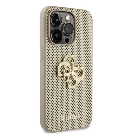 Калъф за iPhone 15 Pro - Guess Leather Perforated 4G (GUHCP15LPSP4LGD) - златен