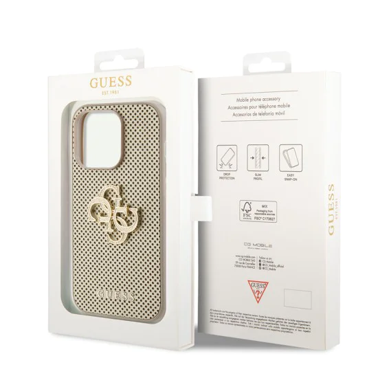 Калъф за iPhone 15 Pro - Guess Leather Perforated 4G (GUHCP15LPSP4LGD) - златен