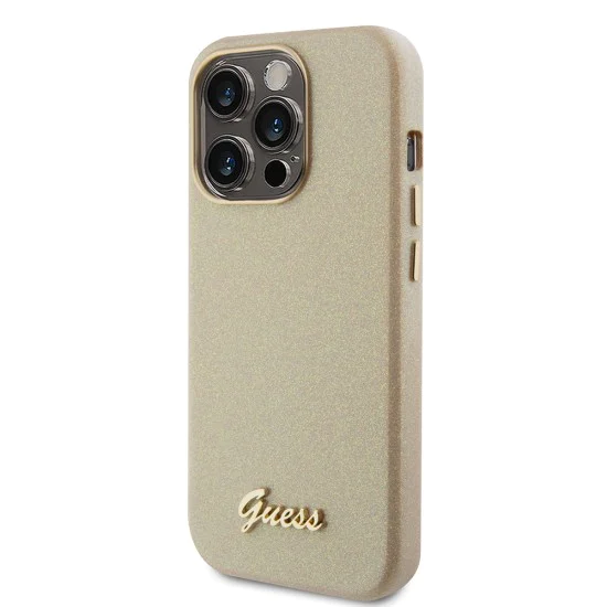 Калъф за iPhone 15 Pro - Guess Glitter Glossy Glossy Script (GUHCP15LPGMCSD) - Sparkle Beige