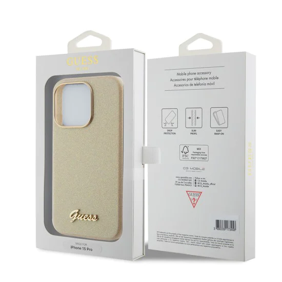 Калъф за iPhone 15 Pro - Guess Glitter Glossy Glossy Script (GUHCP15LPGMCSD) - Sparkle Beige
