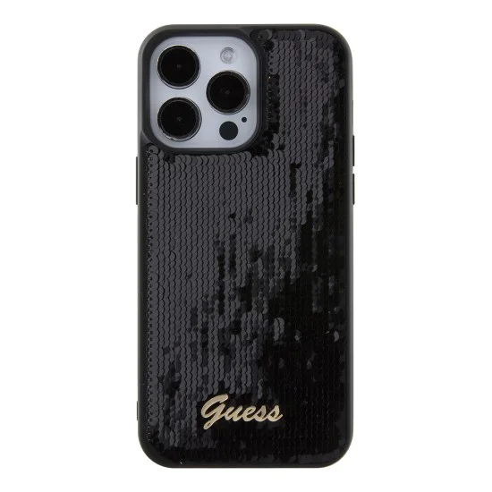 Калъф за iPhone 15 Pro Max - Guess Sequin Script Metal (GUHCP15XPSFDGSK) - Черен