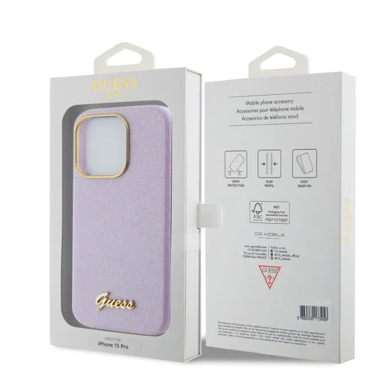 Калъф за iPhone 15 Pro - Guess Glitter Glossy Glossy Script (GUHCP15LPGMCSL) - светло лилав