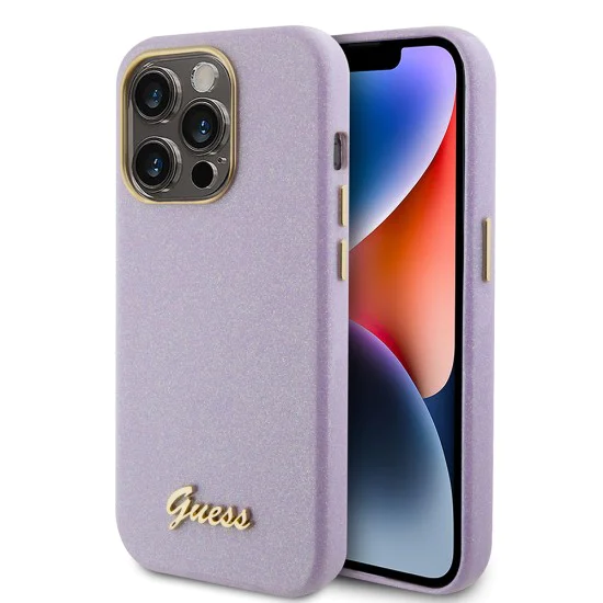 Калъф за iPhone 15 Pro - Guess Glitter Glossy Glossy Script (GUHCP15LPGMCSL) - светло лилав