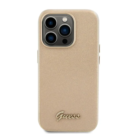 Калъф за iPhone 15 Pro Max - Guess Glitter Glossy Glossy Script (GUHCP15XPGMCSD) - Sparkle Beige