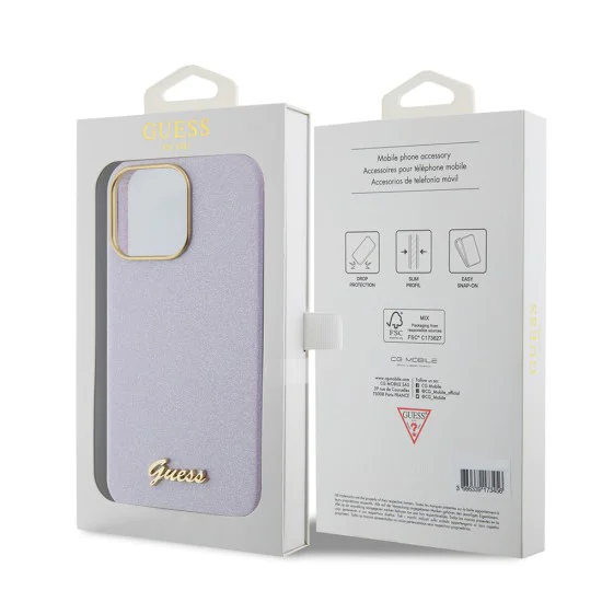 Калъф за iPhone 15 Pro Max - Guess Glitter Glossy Glossy Script (GUHCP15XPGPGMCSL) - светло лилав