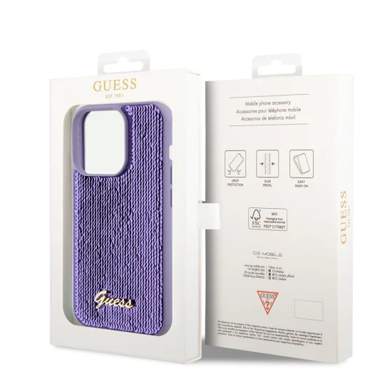 Калъф за iPhone 15 Pro Max - Guess Sequin Script Metal (GUHCP15XPSFDGSU) - Лилав