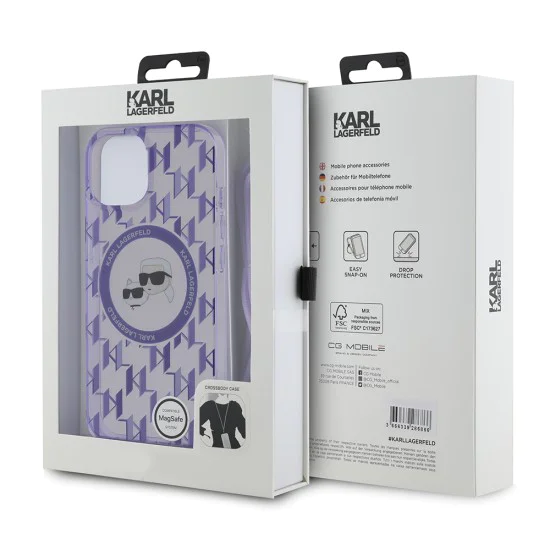 Калъф за iPhone 15 - Karl Lagerfeld IML Crossbody MagSafe (KLHMP15SHCKCKCKLCU) - Purple Mono Karl&Choupette