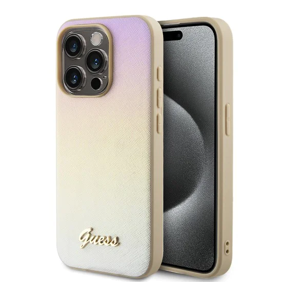 Калъф за iPhone 15 Pro - Guess Saffiano Iridescent Script (GUHCP15LPSAIRSD) - златен
