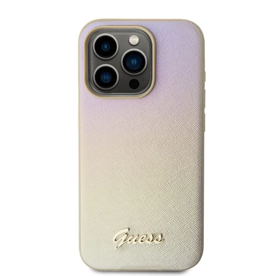 Калъф за iPhone 15 Pro Max - Guess Saffiano Iridescent Script (GUHCP15XPSAIRSD) - златен