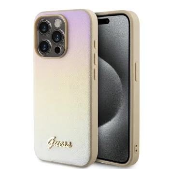 Калъф за iPhone 15 Pro Max - Guess Saffiano Iridescent Script (GUHCP15XPSAIRSD) - златен