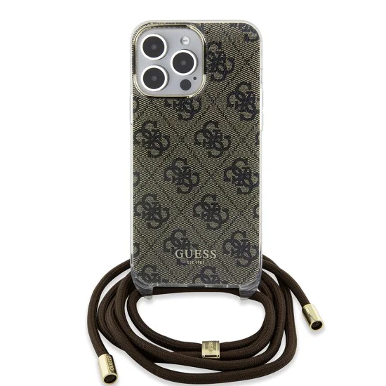 Калъф за iPhone 15 Pro - Guess Crossbody Cord 4G Print (GUHCP15LHC4SEW) - кафяв