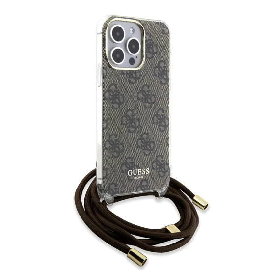 Калъф за iPhone 15 Pro - Guess Crossbody Cord 4G Print (GUHCP15LHC4SEW) - кафяв