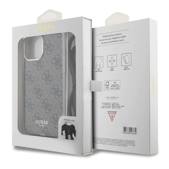 Калъф за iPhone 15 Pro - Guess Crossbody Cord 4G Print (GUHCP15LHC4SEW) - кафяв