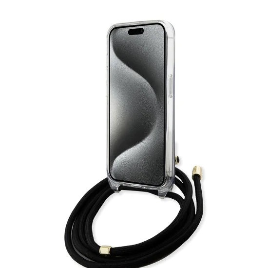 Калъф за iPhone 15 Pro - Guess Crossbody Cord 4G Print (GUHCP15LHC4SEK) - черен