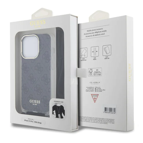 Калъф за iPhone 15 Pro - Guess Crossbody Cord 4G Print (GUHCP15LHC4SEK) - черен