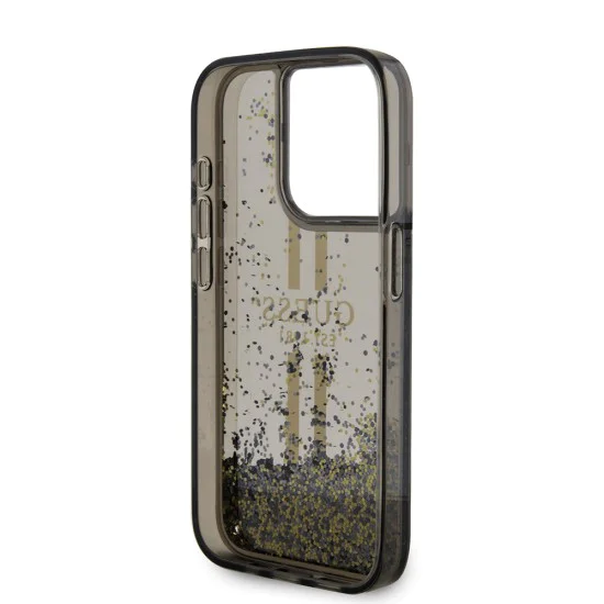 Калъф за iPhone 15 Pro - Guess Liquid Glitter Gold Stripes (GUHCP15LLLLFCFCSEGK) - Черен