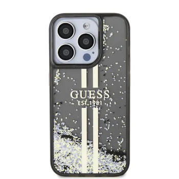 Калъф за iPhone 15 Pro - Guess Liquid Glitter Gold Stripes (GUHCP15LLLLFCFCSEGK) - Черен