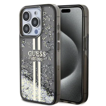 Калъф за iPhone 15 Pro - Guess Liquid Glitter Gold Stripes (GUHCP15LLLLFCFCSEGK) - Черен