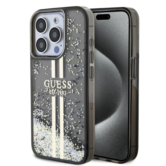 Калъф за iPhone 15 Pro - Guess Liquid Glitter Gold Stripes (GUHCP15LLLLFCFCSEGK) - Черен