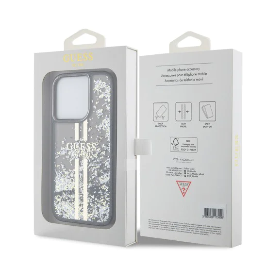 Калъф за iPhone 15 Pro - Guess Liquid Glitter Gold Stripes (GUHCP15LLLLFCFCSEGK) - Черен