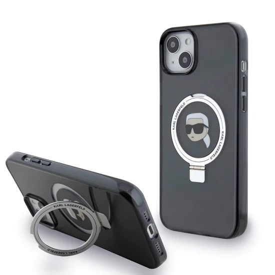 Калъф за iPhone 15 Plus - Karl Lagerfeld Hardcase Ring Stand MagSafe (KLHMP15MHMRSKKHK) - Karl Head