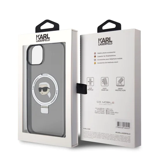 Калъф за iPhone 15 Plus - Karl Lagerfeld Hardcase Ring Stand MagSafe (KLHMP15MHMRSKKHK) - Karl Head
