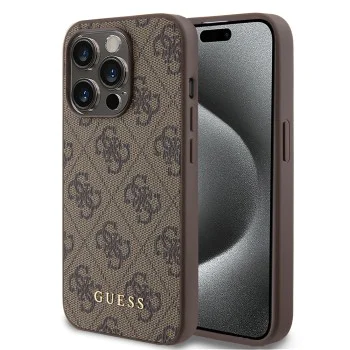 Калъф за iPhone 15 Pro - Guess Hardcase 4G Metal Gold Logo (GUHCP15LG4GFBR) - Кафяв