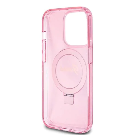 Калъф за iPhone 15 Pro - Guess Ring Stand Script Glitter MagSafe (GUHMP15LHRSGSP) - Розов