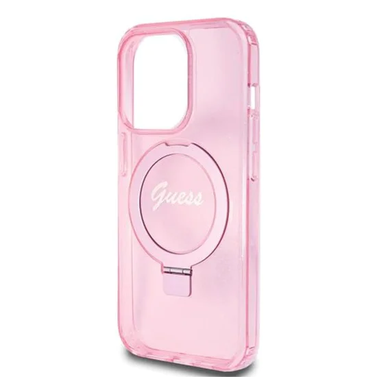 Калъф за iPhone 15 Pro - Guess Ring Stand Script Glitter MagSafe (GUHMP15LHRSGSP) - Розов