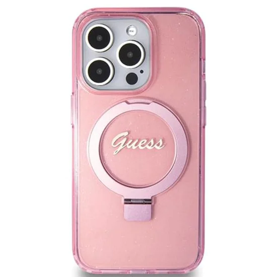 Калъф за iPhone 15 Pro - Guess Ring Stand Script Glitter MagSafe (GUHMP15LHRSGSP) - Розов