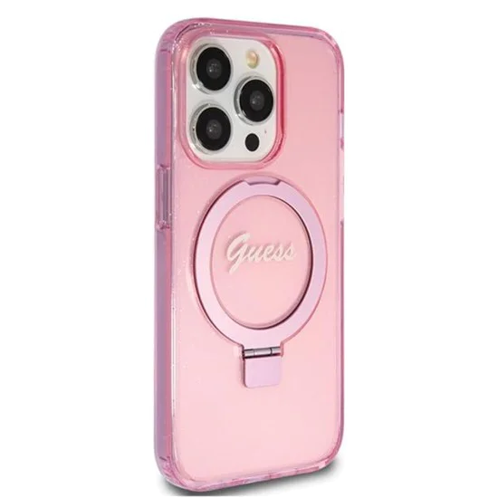 Калъф за iPhone 15 Pro - Guess Ring Stand Script Glitter MagSafe (GUHMP15LHRSGSP) - Розов