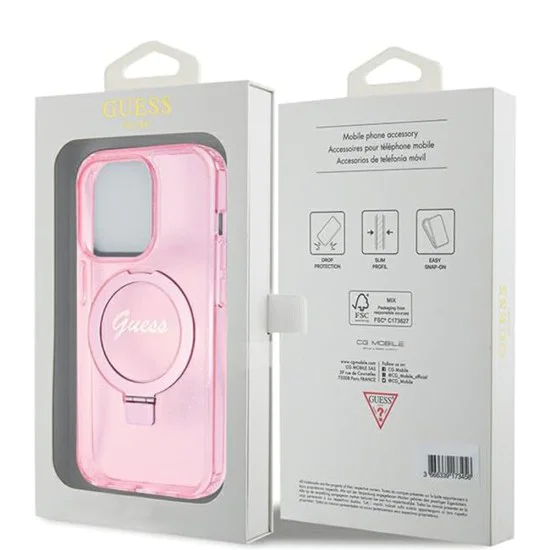 Калъф за iPhone 15 Pro - Guess Ring Stand Script Glitter MagSafe (GUHMP15LHRSGSP) - Розов