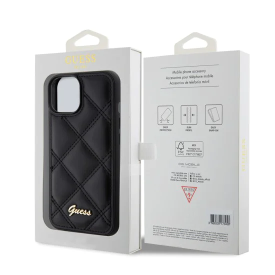 Калъф за iPhone 15 - Guess Quilted Metal Logo (GUHCP15SPSQQSQQSK) - черен