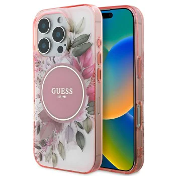 Калъф за iPhone 16 Pro Max - Guess IML Flower & Tonal Circle MagSafe (GUHMP16XHFHFWWBDCEP) - Розов