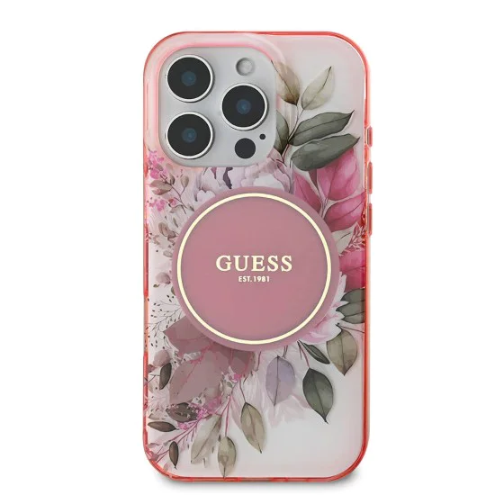Калъф за iPhone 16 Pro Max - Guess IML Flower & Tonal Circle MagSafe (GUHMP16XHFHFWWBDCEP) - Розов