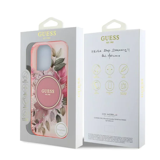 Калъф за iPhone 16 Pro Max - Guess IML Flower & Tonal Circle MagSafe (GUHMP16XHFHFWWBDCEP) - Розов